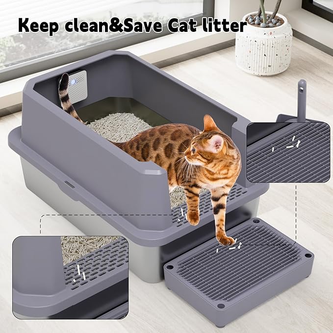 RIZZARI Stainless Steel Litter Box for Cats: Gray Leakproof Open Top Tray - Teflon Non-Stick Coating - Large Size Odor Control for Cats Under 20 lbs - with Deodorizer - 2 Pack