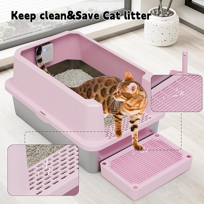 RIZZARI Stainless Steel Litter Box: Large Pink Leakproof Open Tray with Wipe-Clean Design - Odor Control - Teflon Non-Stick - with Deodorizer - 2 Pack - for Cats Up to 20 lbs - in Bathroom Restroom