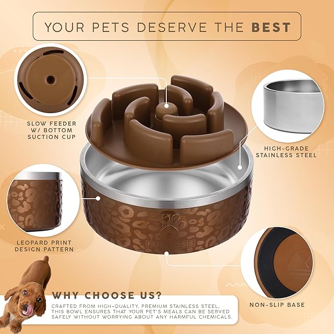 64 OZ Dog Bowl with Slow Feeder Insert Stainless Steel Pet Water Bowl for Medium & Large Breed Non Slip Rubber Base & Plastic Puzzle Feeder - Gold Leopard