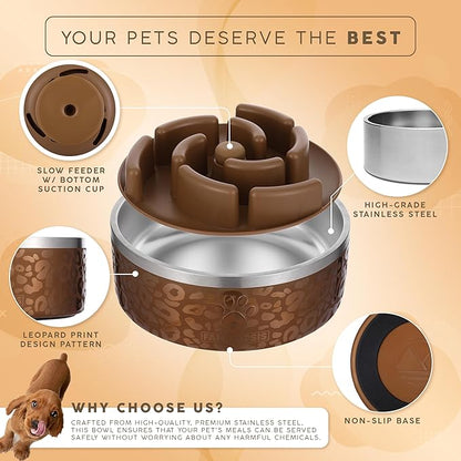 64 OZ Dog Bowl with Slow Feeder Insert Stainless Steel Pet Water Bowl for Medium & Large Breed Non Slip Rubber Base & Plastic Puzzle Feeder - Gold Leopard