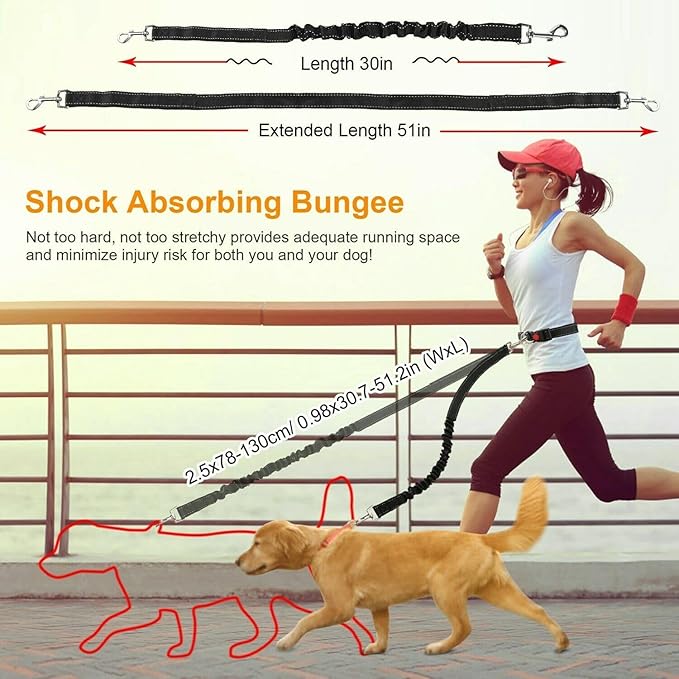 39.30Inch Bungee Dog Leash Waist,Hands Free Dog Leash Slip for Walking Hiking Running (Lumbar Waist Belt 26"-43")
