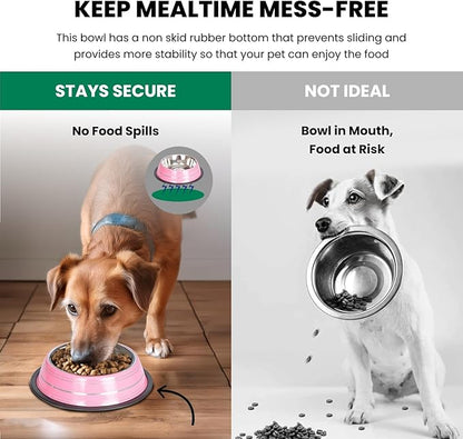 Iconic Pet 3 Cup/24 Oz Elegant Stainless Steel Color Splash Food/Water Bowl with Non Skid, Noise Free, Removable Rubber Ring - Dog/ Cat Feeding Bowl In color shade, Dishwasher Safe - Pink, 2 Bowls