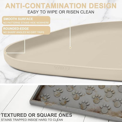 Small Silicone Pet Food Mat with Raised Edge for Food and Water Bowl, Square Dog Feeding Mats, Cat Food Trays for Floor Waterproof, Rubber Tray for Dogs and Cats, 12 x 12 x 0.7 Beige