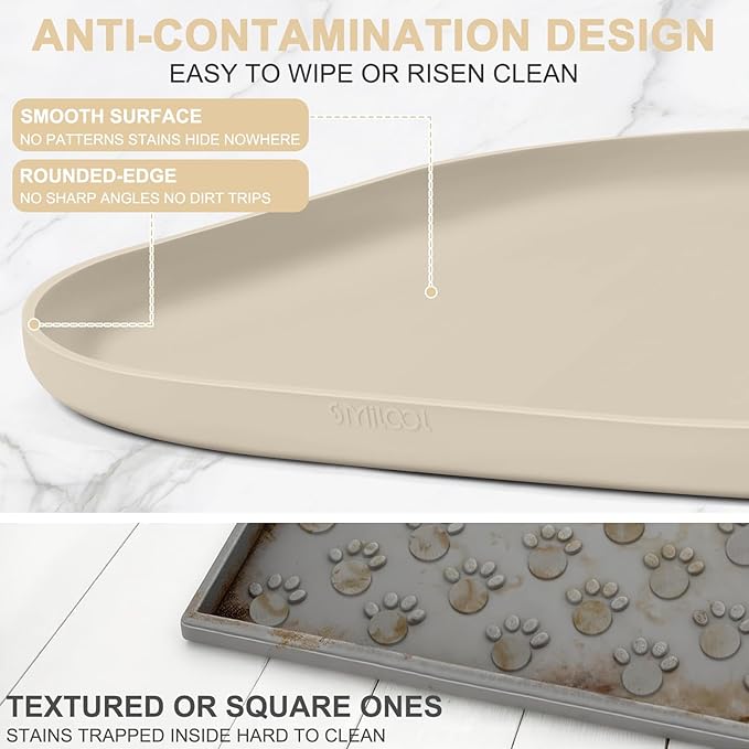 Silicone Pet Food Mat with Raised Edge for Food and Water Bowl, Dog Feeding Mats, Cat Food Trays for Floor Waterproof, Rubber Tray for Dogs and Cats, 22 x 14 x 0.8 Beige