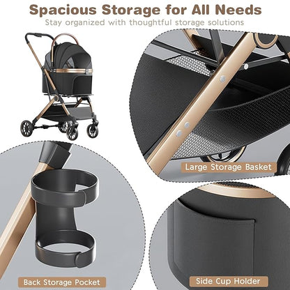 4 Wheels Pet Stroller for Small Medium Dogs Cats Up to 45 lbs Folding Dog Stroller with Detachable Breathable Carrier Suitable for Car Seat, Hand Carry & Travel, All Terrain, 3 in 1 Multifunctional