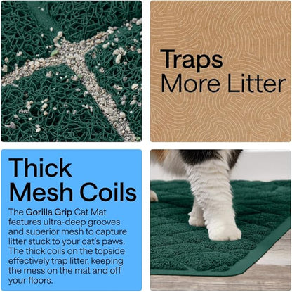 GORILLA GRIP Cat Litter Box Mat, 47x35, Cushioned Coil Mesh Litter Trapping Mats, Scatter Control Supplies for Less Mess, Phthalate Free, Ultra Deep Catch Grooves, Rinse or Vacuum to Clean, Dark Green