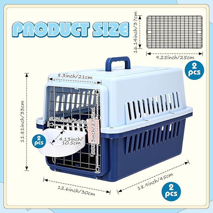 2 Sets 19" Travel Pet Carrier for Small Dogs and Cats Hard-Sided Plastic Dog Crate Cat Kennel with Wire Door, Ventilation and Security Lock Portable Pet Carrier for Car Airline Travel, Up to 13lbs