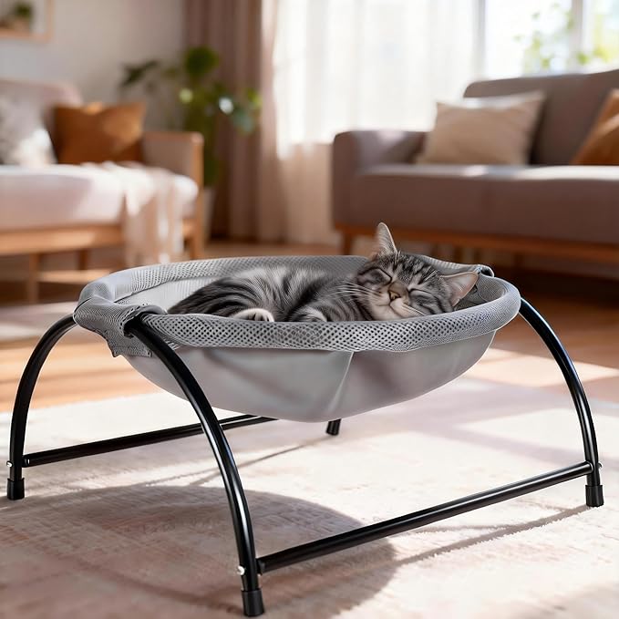 Elevated Cat Hammock Bed - Breathable Mesh & Powder-Coated Steel Frame, Detachable Machine Washable Pet Bed with Anti-Slip Pads, Indoor/Outdoor Use, Easy Tool-Free Assembly