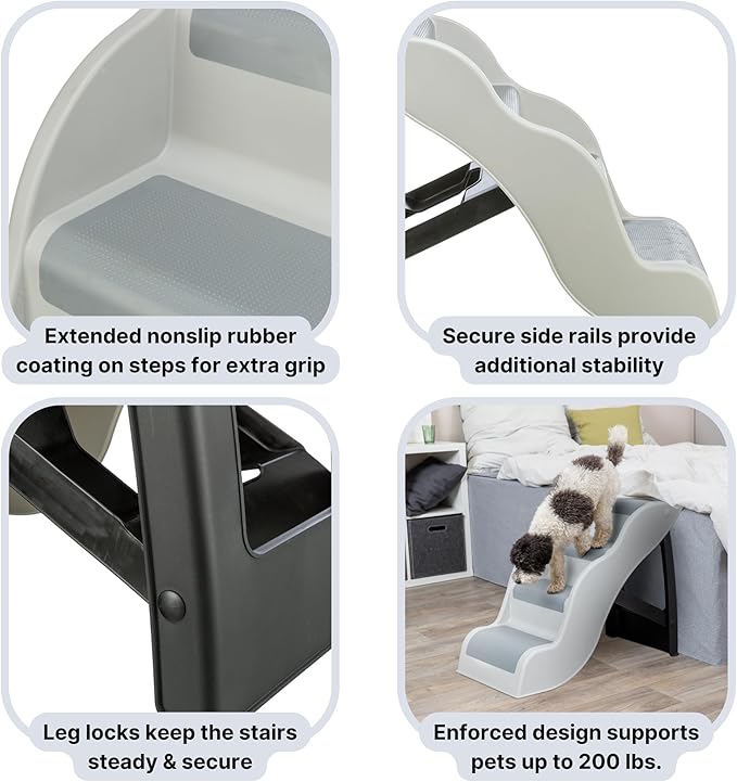Trixie Lightweight Dog Stairs with Non-Slip Rubber Treads - 4 Step Pet Stairs for Beds and Couches - Foldable and Easy to Store - in Gray