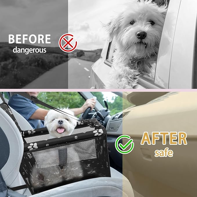 PetsHome Dog Car Seat, Foldable Dog Car Booster Seat Waterproof Breathable Oxford Travel Bag for Small to Medium Dogs, Puppies, and Pets-Pattern Black