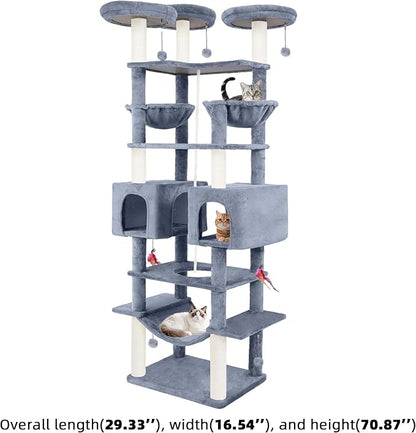 71in Multifunctional Multi-Level Cat Tree Tower for Indoor Cats,Cat Tree with Hammock,2 Condos,2 Hanging Baskets,2 Feather Toys,3 Perches,5 Hanging Balls,7 Scratching Posts,Grey