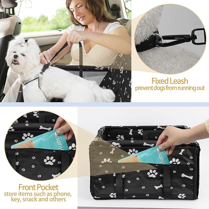 PetsHome Dog Car Seat Foldable Dog Car Booster Seat Waterproof Breathable Oxford Travel Bag for Small to Medium Dogs, Puppies, and Pets-Pattern Black-Upgrade
