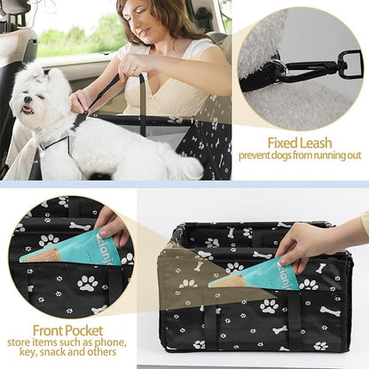 PetsHome Dog Car Seat Foldable Dog Car Booster Seat Waterproof Breathable Oxford Travel Bag for Small to Medium Dogs, Puppies, and Pets-Pattern Black-Upgrade