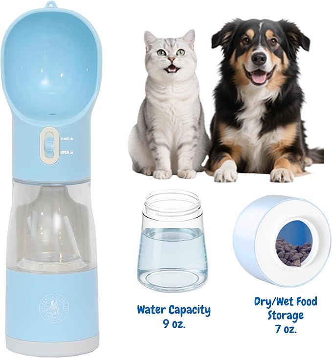 All-in-One Portable Dog Water Bottle, Food Dispenser, Poop Bag Dispenser, Dry/Wet Food Container 7 oz., Travel Water Bottle 9oz., 2 Poop Bags Included, Food Grade Plastic, Leak Proof-Blue Color