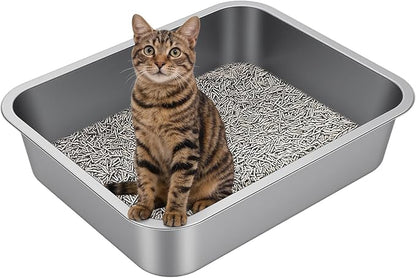 Large Stainless Steel Litter Box with High Sided, Metal Cat Litter Box, Odor-Free Non-Stick Litterbox Pan, Easy to Clean Pet Supplies Toilet Tray for Indoor Cats, Kittens or Multicat Homes