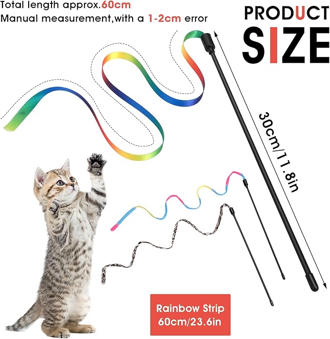Cat Wand Toy Set, Interactive Cat Wand Toy with Rainbow Ribbon String, Leopard Print Cloth String for Small Cats Kittens Indoor Training Catcher (3 Packs)