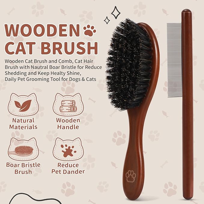 Wooden Cat Brush and Comb, Cat Hair Brush with Nautral Boar Bristle for Reduce Shedding and Keep Healty Shine, Daily Pet Grooming Tool for Dogs & Cats