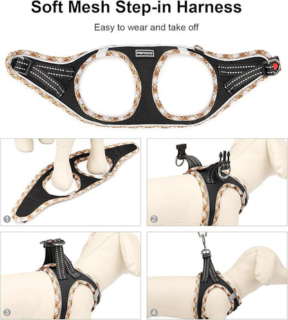 Mercano Soft Mesh Dog Harness and Leash Set, No-Chock Step-in Reflective Breathable Lightweight Easy Walk Vest Harnesses with Safety Buckle for Small Dogs, Cats (Black Yellow, XXS)