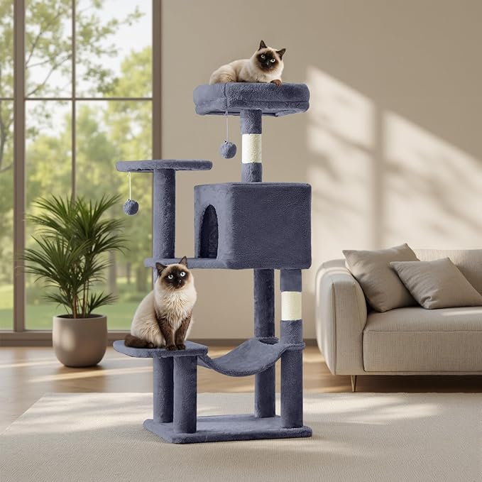 DUMOS Small 44 Inch Cat Tree Tower, Cat Climbing Tower with Natural Sisal Scratching Posts, Hammock, Pet Condo for Indoor Cats and Kittens Play, Dark Grey