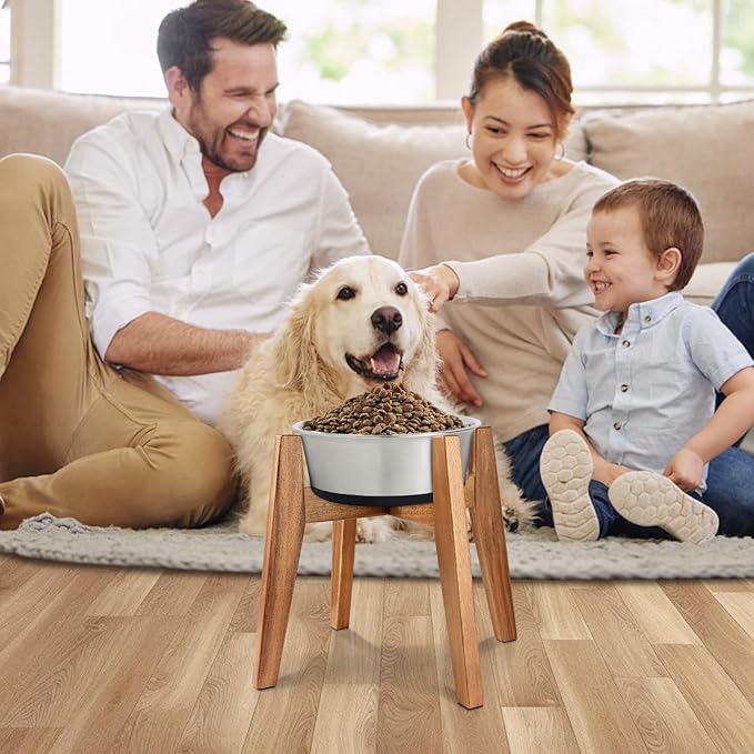 Elevated Dog Bowl Stand for Medium & Large Dogs, 11" Tall Raised Dog Bowl Stand Fits Up to 9" Bowls, Solid Acacia Wood Dog Bowl Holder, Single Elevated Dog Feeding Station (Stand Only)