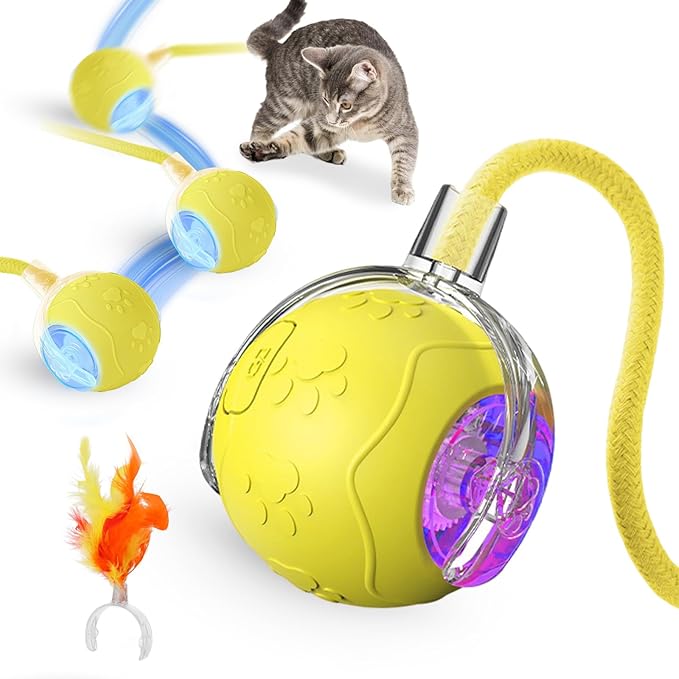 Interactive Cat Toys for Indoor,Automatic Moving Electric Rolling Pet Ball,Smart Teasing Toy for Kitty,3 Modes and USB Rechargeable,Tail 2.0 Cat Feather Toy Yellow