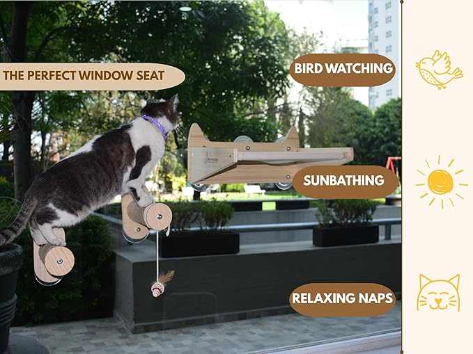 Cat Window Perch & Wall Hammock – 2-in-1 Solid Wood Window Seat with Strong Suction Cups & Wall Mount Option – Indoor Shelf with Climbing Steps + Hanging Toy