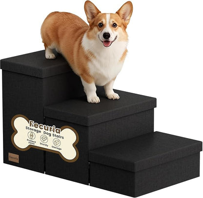 3-Step Wide Dog Stairs with Storage 18" H, Non-Slip Sturdy Pet Steps for High Bed Couch Window, Pet Stairs for Small/Medium/Large Old Dogs Cats Up to 200lbs, Cat Dog Steps for Car/SUV, Black
