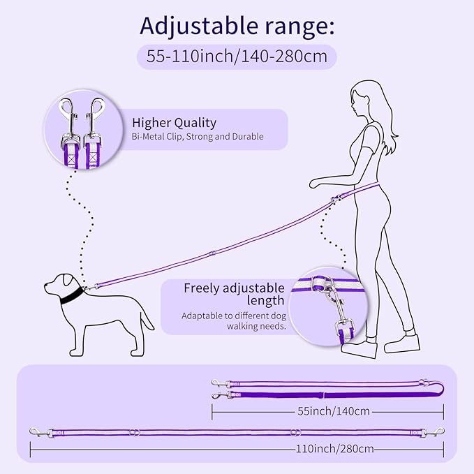 Hands Free Dog Leash, 4.2 FT - 9.5 FT Multifunctional Crossbody Waist Leash for Dogs Walking Reflective Running Dog Leashs for Medium and Large Dogs Walking,Jogging,Running,Training (Purple)