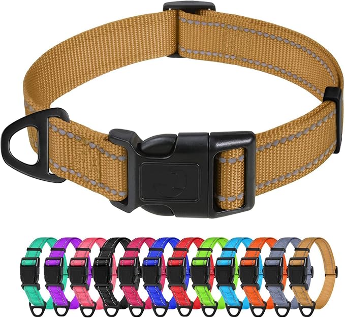 TagME Reflective Nylon Dog Collars, Adjustable Classic Collar with Quick Release Buckle for Large Dogs, Khaki, 1.0" Width