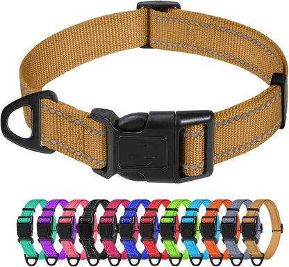 TagME Reflective Nylon Dog Collars, Adjustable Classic Collar with Quick Release Buckle for Large Dogs, Khaki, 1.0" Width