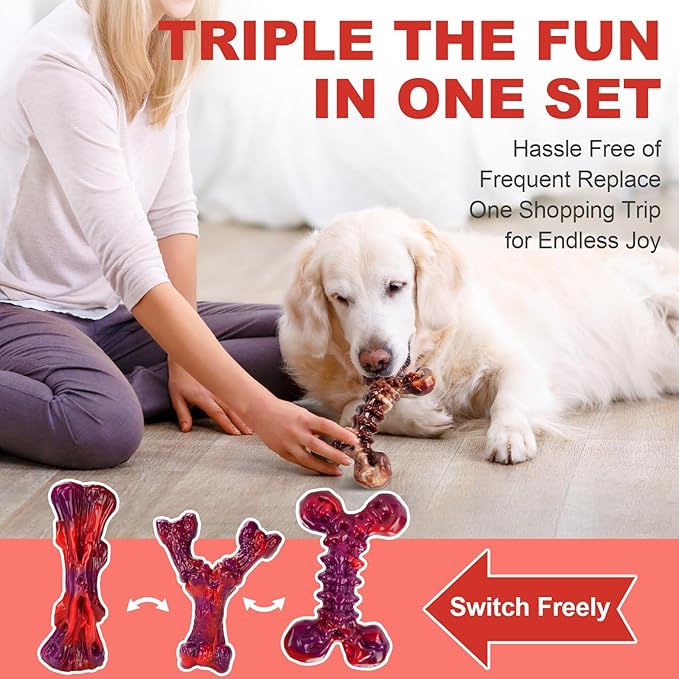 3-Pack Dog Chew Toys for Aggressive Chewers Medium & Large Breed (20-90 lbs), Indestructible Nylon Bones with Beef Flavor, Tough Dental Chews for Boredom & Anxiety, Long Lasting Doggy Gifts