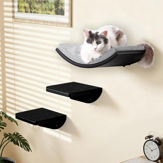 Cat Wall Shelves Set - Curved Wall Foam Bed and 2 Floating Wall Grey Steps, Wall Mounted Cat Climbing Shelves for Sleeping, Playing, and Lounging