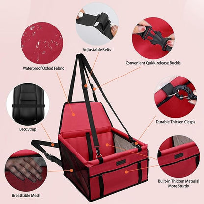 PetsHome Dog Car Seat Foldable Dog Car Booster Seat Waterproof Breathable Oxford Travel Bag for Small to Medium Dogs, Puppies, and Pets-Pure Red