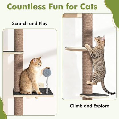 Tall Cat Tree Wall Mounted for Large Cats, 82 inch Scratching Post with Toys, Floor to Ceiling Cats Tower for Corner Area, Kitty Wall Shelf for Sleeping Playing Lounging Perching