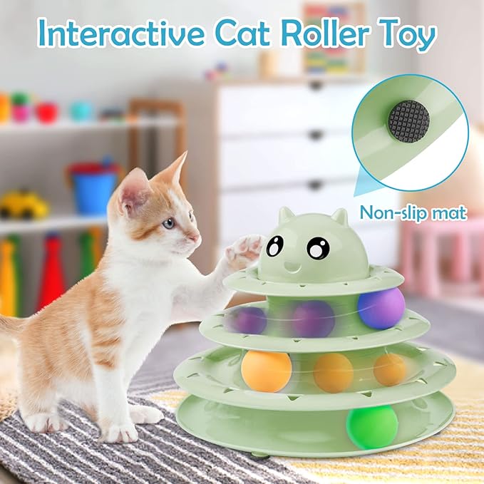 UPSKY 20 PCS Cat Toys - 3-Level Turntable Roller with Balls for Indoor Cats, Kitten Set with Teaser, Mice, Spring, and Various Ball Toys