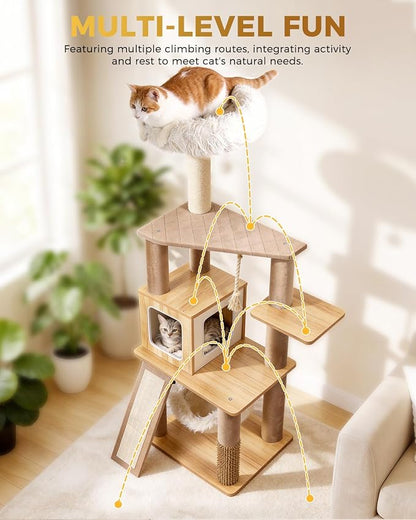 61" Modern Cat Tree Tower for Indoor Cats, Luxury Climbing Tower with Plush Lounge, Kitty Condos, Hammock & Scratching Posts, Classic cat Furniture
