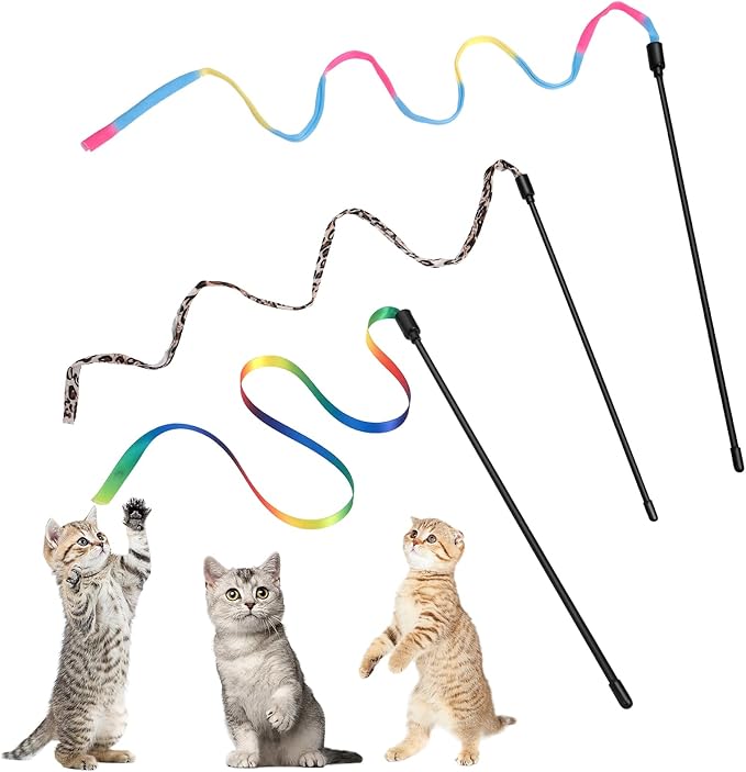 Cat Wand Toy Set, Interactive Cat Wand Toy with Rainbow Ribbon String, Leopard Print Cloth String for Small Cats Kittens Indoor Training Catcher (3 Packs)