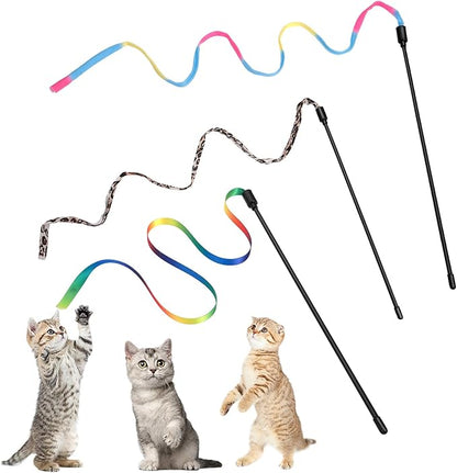 Cat Wand Toy Set, Interactive Cat Wand Toy with Rainbow Ribbon String, Leopard Print Cloth String for Small Cats Kittens Indoor Training Catcher (3 Packs)
