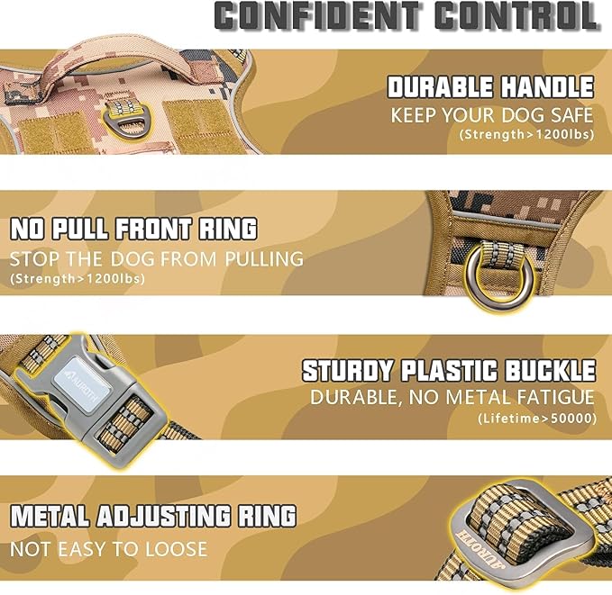 AUROTH Tactical Pet Harness for Large Dogs No Pull Adjustable, Reflective Working Training Easy Control Vest Military fpr Service Dog Desert Camo L