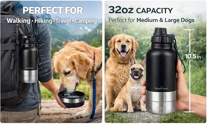 Portable Dog Water Bottle with Built-in Bowl, Leakproof Pet Travel Water Dispenser, 32oz Stainless Steel Dog Water Bottle for Walking, Hiking, Camping & Outdoor Travel