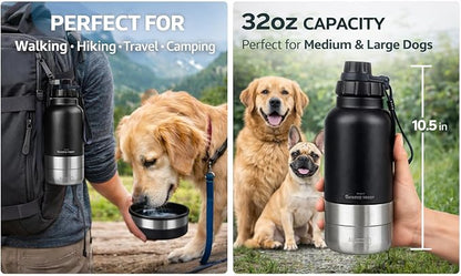 Portable Dog Water Bottle with Built-in Bowl, Leakproof Pet Travel Water Dispenser, 32oz Stainless Steel Dog Water Bottle for Walking, Hiking, Camping & Outdoor Travel