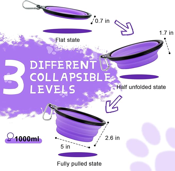 Collapsible Dog Bowls for Travel, 2-Pack Dog Portable Water Bowl for Dogs Cats Pet Foldable Feeding Watering Dish for Traveling Camping with Carabiners, BPA Free (Purple&Pink, Large)