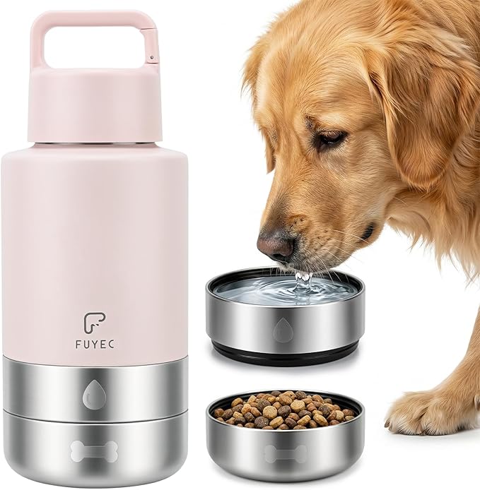 Dog Water Bottle 32oz, Insulated Stainless Steel Travel Water Dispenser with 2 Detachable Dog Bowls for Food and Water, Leak Proof Portable Pet Drinking Cup for Walking Hiking Camping