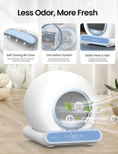 Self Cleaning Litter Box, Integrated Safety Automatic Cat Litter Box Self Cleaning 65L+9L for Multiple Cats, App Control, Odor Removal, Includes Mat & Liner (3 Rolls) - Blue