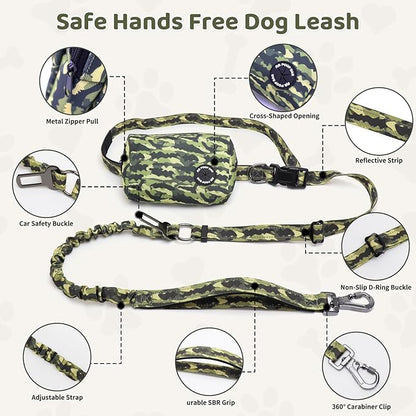 Hands Free Dual Handle Retractable Bungee Leash with Reflective Trim, Adjustable Waist Belt for Dog Walking, Running, Hiking - Durable Nylon Leash for Medium Large Dogs, Military Green