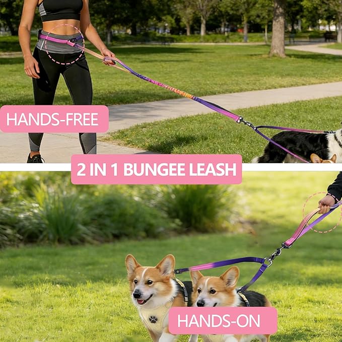 Roses&Poetry Hands Free Double Dog Leash for Two Dogs, 9-11ft Adjustable Bungee Walking Waist Lead, Dual Dogs Leash with Tangle-Free Swivel for Medium Large Dog Heavy Duty Running(Mistyrose)
