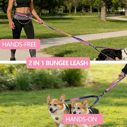 Roses&Poetry Hands Free Double Dog Leash for Two Dogs, 9-11ft Adjustable Bungee Walking Waist Lead, Dual Dogs Leash with Tangle-Free Swivel for Medium Large Dog Heavy Duty Running(Mistyrose)