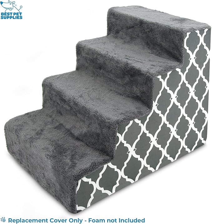 Best Pet Supplies Foam Pet Steps Cover for Small Dogs and Cats, Portable Ramp Stairs for Couch, Sofa, and High Bed Climbing (Cover Only) - Gray Lattice, 4-Step (H: 18") (Cover Only)