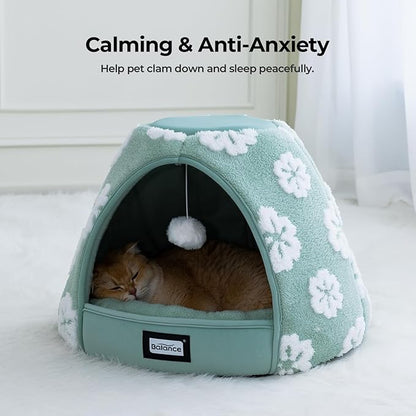 BALANCE Cat Beds for Indoor Cats, 2-in-1 Cat Bed Cave with Anti-Slip Bottom and Ultra-Soft Plush, Cozy Cats House Tent for Kittens and Small Dogs, 21 Inches, Green