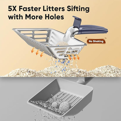 Metal Cat Litter Scoop, Large Cat Scooper with Deep Shovel & Dual Sifting Holes for Fast & Precise Sifting, Space Aluminum Kitty Litter Scooper with Long Handle & Easy-to-Hang Hook - Blue